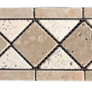 Border din Travertin Pe Plasa - 10.5X28.5 cm, design geometric în nuanțe naturale de crem, bej, maro